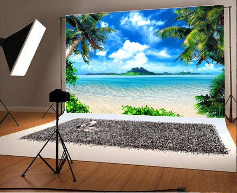 Laeacco 10x8ft Seaside Beach Vinyl Photography Background Summer Blue Sky White Clouds Island Palms Sea Waves Soft Sand Backdrop Wedding Banner Landscape Seascape Wallpaper Luau Shoot Studio Props - Image 3